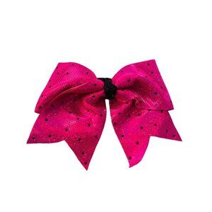 Girls Oversize Hair Bow 6.5" Elastic Ponytail Hot Pink Black Dots Gilttery Shiny